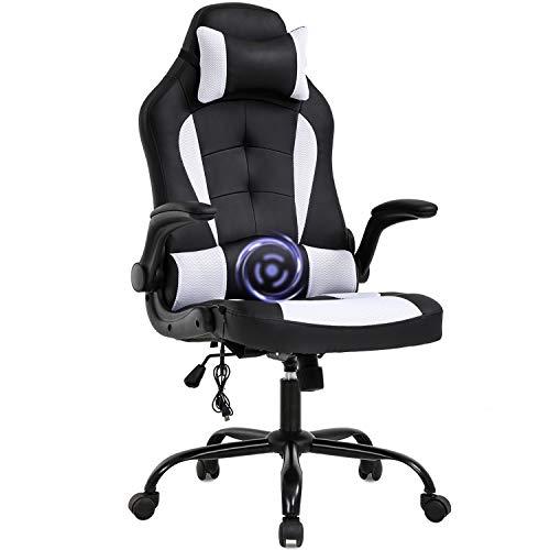 Product Cover PC Gaming Chair Massage Office Chair Ergonomic Desk Chair Racing Executive PU Leather Computer Chair with Lumbar Support Headrest Armrest Task Rolling Swivel Chair for Women Adults, White