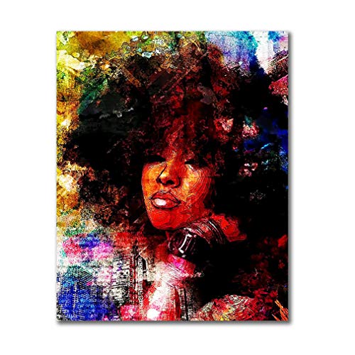 Product Cover HVEST African Woman Canvas Wall Art Black Woman with Afro Hair Artwork Hippie Painting for Living Room Bedroom Bathroom Office Wall Decor,Stretched and Framed Ready to Hang,16x20 inches