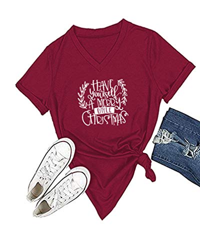 Product Cover Mom's care Have Yourself A Merry Little Christmas Shirt Womens Cute Christmas Graphic Short Sleeve Print Tops(Wine Vneck,L)