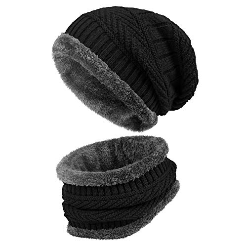 Product Cover 2 Pieces Winter Beanie Hat Scarf Set Warm Thick Knit Hat Beanie Skull Caps Scarfs for Women Men Gifts