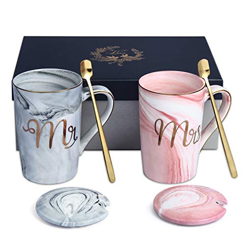 Product Cover Mr and Mrs Coffee Mug Set, Wedding Gifts for the Couple,Porcelain Coffee Mugs Anniversary Gifts for Couple, Bridal Shower Engagement Gifts - Ceramic 14 Ounce Marble Cups