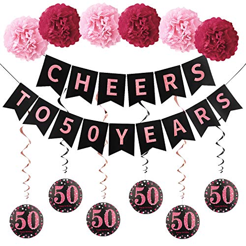 Product Cover 50th Birthday Decorations Kit for Women - Cheers to 50 Years Banner, 6Pcs 50 Hanging Swirls, 6Pcs Poms - 50 Years Old Birthday Party Supplies 50th Anniversary Decorations (Rose Gold)