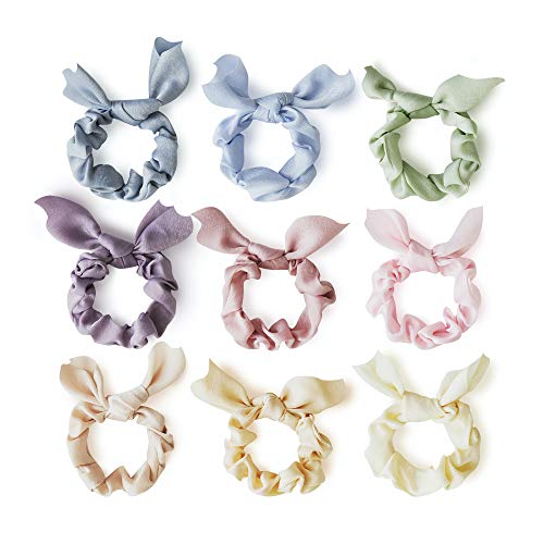 Product Cover Nine Pastel Bow Scrunchies - Made With Cute Bunny Ears, Chiffon Fabric For A Satin Silk Feel (Pastel)