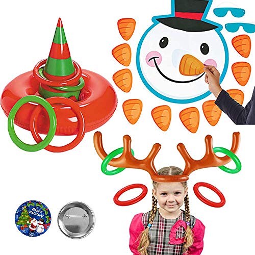 Product Cover Holiday Christmas Party Game Pack With 3 Games Perfect For All Adults and Kids or Office Parties With Pin the Nose On The Snowman, Inflatable Elf Hat Ring Toss, Reindeer Ring Toss Game and Holiday Pin