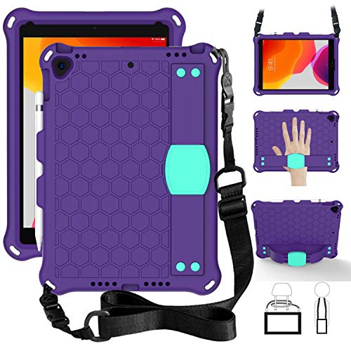 Product Cover TabPow Kids Case for iPad 10.2 7th Generation, iPad Air 3 (2019) and iPad Pro 10.5'' (2017), Kidsproof Tablet Cover with Shoulder Strap and Stand, Hand Grip, Pencil Holder (Purple Teal)