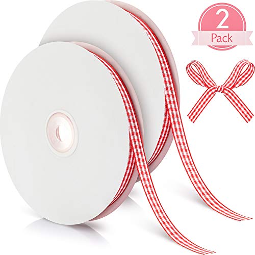 Product Cover 100 Yards Gingham Ribbon 3/8 Inch Wide Craft Ribbon Checkered Craft Ribbons Christmas Cake Gift Wrapping Ribbon for Hair and Craft Decoration, 2 Rolls (Red and White)
