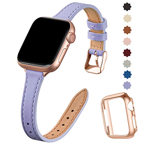 Product Cover STIROLL Slim Leather Bands Compatible with Apple Watch Band 38mm 40mm 42mm 44mm, Top Grain Leather Watch Thin Wristband for iWatch Series 5/4/3/2/1 (Lilac with Rose Gold, 38mm/40mm)