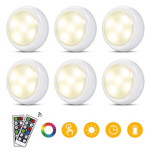 Product Cover LED Puck Light with Remote Control - RGB Color Changing LED Under Cabinet Lighting - Battery Powered Touch Control LED Closet Lights for Kitchen Living Room (6 Pack)