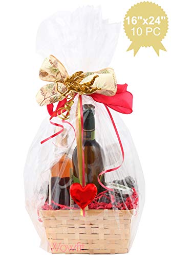 Product Cover Wowfit Cello Bags,10 CT 16x24 inches Clear Cellophane Bags Perfect for Gift, Presents, Wine Bottles, Bridal/Baby Showers and More (1.2 Mil, Flat, No Gusset, 16x24 inches, NOT Include Ribbon)