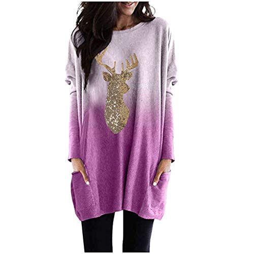 Product Cover iYBUIA Women Christmas Shirts Long Sleeve Round Neck Gradient Casual Sparkly Reindeer Tunic Tops Blouse with Pocket