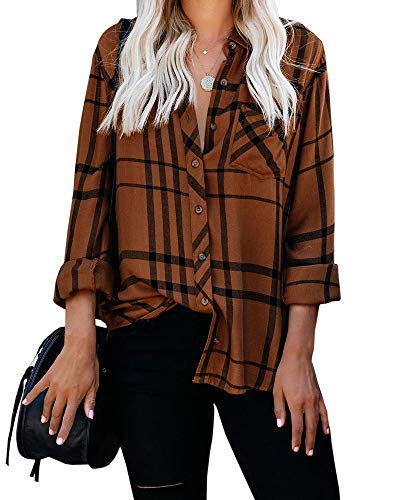 Product Cover Valphsio Womens Plaid Button Down Top Long Sleeves V Neck Pocketed Blouse Shirt