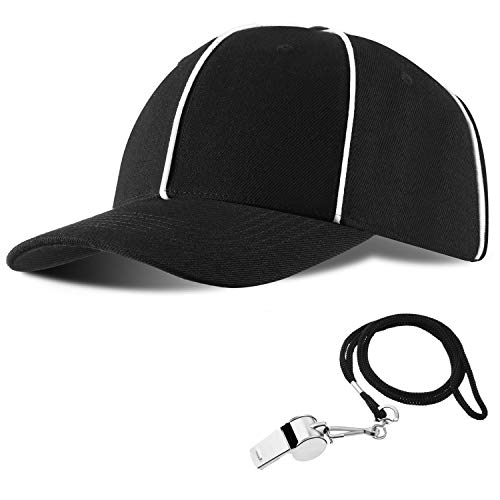 Product Cover Adjustable Black with White Stripes Football Cap, Official Referee Hat and Stainless Steel Whistle with Lanyard for Football Refs, Umpires, Linesman