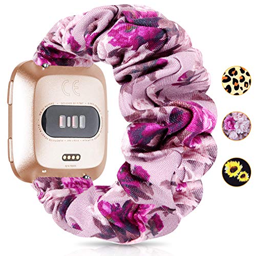 Product Cover MORETEK Scrunchies Watch Bands for Fitbit Blaze Versa Elastic Fabric Thick Replacement Wristband Cute Women Watch Strap for Fitbit Blaze Versa Versa 2 (PurpleFlower)