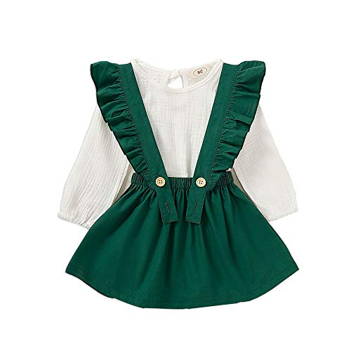 Product Cover Cute Linen Suspender Skirt Set Baby Girl Toddlers Comfortable Long Sleeve Shirt Ruffled Dress Clothes (Green, 2-3 Years)