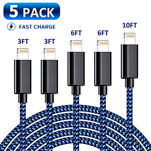 Product Cover MFi Certified iPhone Charger Lightning Cable,KRISLOG 3/3/6/6/10FT High Speed Nylon Braided USB Fast Charging&Data Syncs Cord Compatible iPhone 11 Pro Xs MAX XR 8 8 Plus 7 7 Plus 6s 6s Plus SE-5Pack