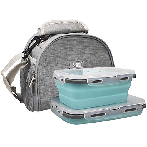 Product Cover Collapsible Lunch Box with Insulated Lunch Bag-2 Silicone Lunch Container, Lunch Bag with Adjustable Shoulder Strap & Bento Boxes for Adult Teen Office School Picnic