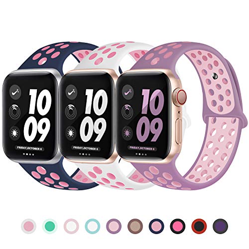 Product Cover JuQBanke Sport Band 3 Pack Compatible for Apple Watch Band 38mm 40mm, Soft Silicone Sport Replacement Wristband Compatible with iWatch Series 1/2/3/4/5 S/M Blue Pink/White Pink/Violet
