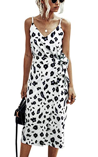 Product Cover Angashion Women's Dresses - Sexy V Neck Spaghetti Strap Floral Printed Split Party Tulip Midi Dress with Belt