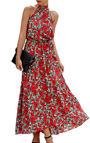 Product Cover ECOWISH Women Dress Halter Neck Boho Floral Print Sleeveless Casual Backless Maxi Dresses with Belt