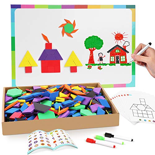 Product Cover Joy Dynasty 144 Pcs Magnetic Pattern Blocks Set Geometric Manipulative Shape Puzzle Educational Montessori Tangram Learning Toys for Toddlers Kid Ages 4-8 with Magnetic Board