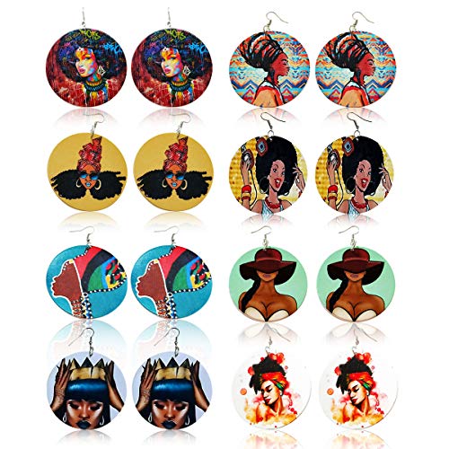 Product Cover Melody Clover 8 Pairs Round African Women Earrings Wooden Double Sided Painted Earrings Ethnic Style Earring