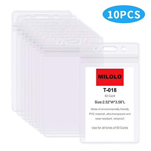 Product Cover MILOLO 10 Pcs Heavy Duty ID Badge Holder, Vertical ID Card Holder with Resealable Waterproof Zipper, Thick Plastic Name Holders Clear(3.58x2.52 Inches, PVC)