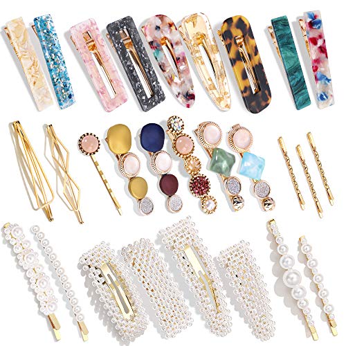 Product Cover 28 PCS Hingwah Pearls and Acrylic Resin Hair Clips, Handmade Hair Barrettes, Marble Alligator bobby pins, Glitter Crystal Geometric Hairpin, Elegant Gold Hair Accessories, Gifts for Women Girls