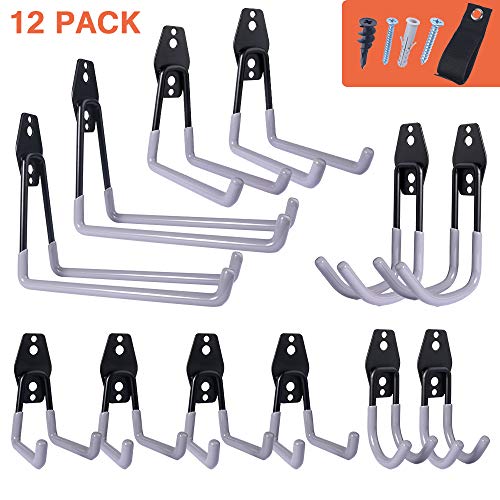Product Cover Garage Storage Hooks 12 PCS Utility Double Hooks Steel Wall Mount Hanging Hooks with Heavy Duty Straps for Garden and Garage Tools, Organization Power Tools, Ladders, Bulk Items, Bikes, Ropes
