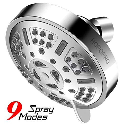 Product Cover High Pressure Fixed Shower Head HOPOPRO Upgraded 9 Functions Adjustable Bathroom Showerhead Multi-functional Wall Mount Fixed Shower Head Rotatable Rain Showerhead for Low Water Flow
