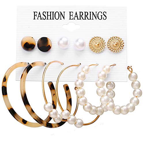 Product Cover 6Pairs Fashion Acrylic Resin Hoop Earring Sets for Women Girls Pearl Hoop Earrings Set Pearl Gold Lightweight Stud Earrings for Valentine's Day Birthday Party Dinner Gifts