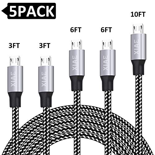 Product Cover Micro USB Cable,XIAE 5Pack (3/3/6/6/10FT) Nylon Braided Fast Charging Cable Aluminum Housing USB Charger Android Cable for Samsung Galaxy S7 Edge S6 S5,Android Phone,LG G4,HTC and More-Black&White