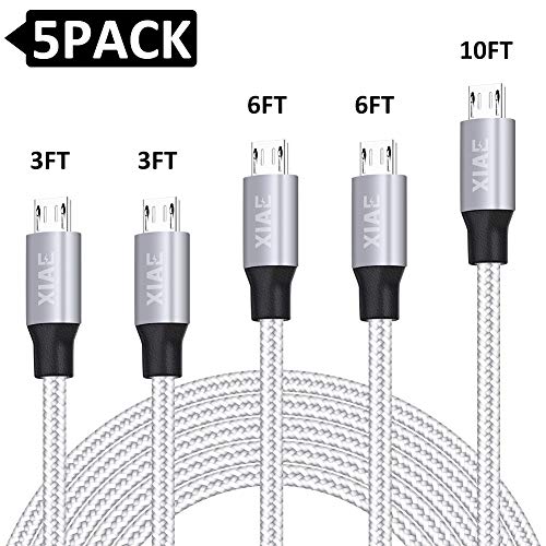Product Cover Micro USB Cable,XIAE 5Pack (3/3/6/6/10FT) Nylon Braided Fast Charging Cable Aluminum Housing USB Charger Android Cable for Samsung Galaxy S7 Edge S6 S5,Android Phone,LG G4,HTC and More-Silver&Gray