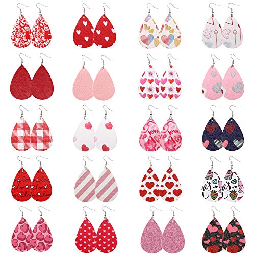 Product Cover MTSCE 20 Pairs Leather Earrings for Women Girls Party, Lightweight Teardrop Faux Leather Earrings, Heart-Shaped Print Drop Earrings Set Valentine Day Gift (C Style)