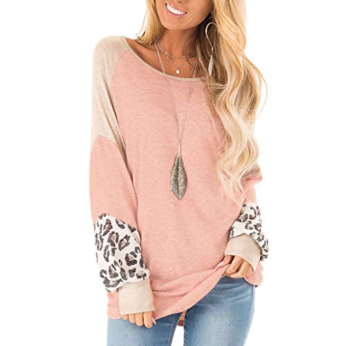 Product Cover Womens Leopard Print Stripe Round Neck Tunic Tops Patchwork Casual Puff Sleeve Shirts Blouses Sweatshirt Morecome