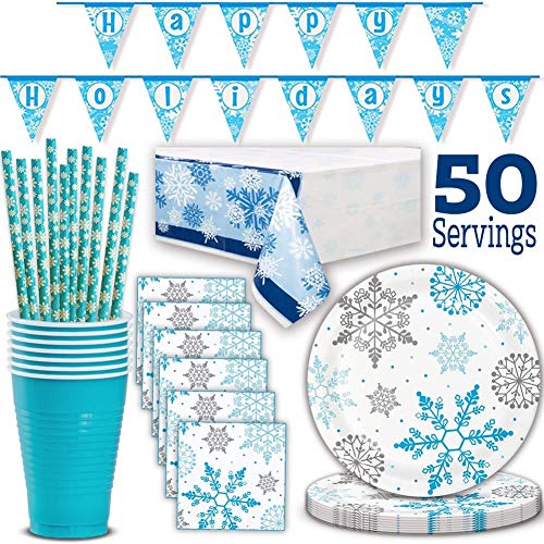 Product Cover Winter Snowflake & Holiday Party Supplies for 50 - Large Plates, Napkins, Plastic Cups, Straws, 3 Table Covers, 