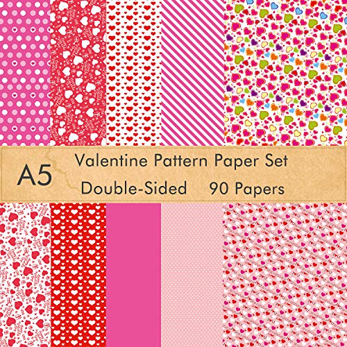 Product Cover FEPITO 90 Sheets Valentine Pattern Paper Set, 14 x 21cm Decorative Paper for DIY Scrapbook Card Making Decoration Valentine's Day Supplies, 10 Designs