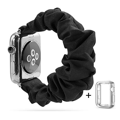 Product Cover Scrunchie Elastic Wrist Bracelet for Apple Watch Band 42mm/44mm, Fancy Elastic Hair Wristbands Replacement for iWatch Series 5/4/3/2/1 Women Girls (Black with Series 5/4 Clear Case, 42mm/44mm)