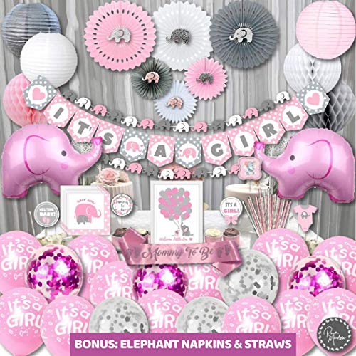 Product Cover 189 PIECE Premium Elephant Baby Shower Decorations for Girls Kit | It's A Girl | Banner, Napkins, Straws, Paper Lanterns, Honeycomb Balls, Fans, Cake Toppers, Sash, Balloons, | Pink Grey White