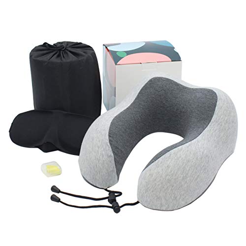 Product Cover Travel Pillow Memory Foam Neck Pillow Cotton Soft Hump Body Design Head Support with 3D Contoured Eye Mask, Earplugs and Storage Bag Machine Washable Cover Comfortable for Airplane Travel, Napping