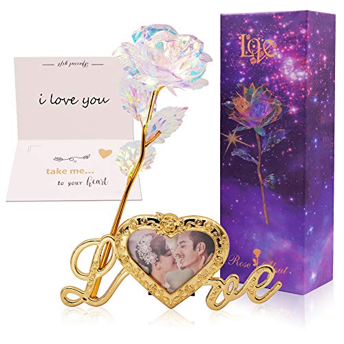 Product Cover LEBOO Colorful Artificial Flower Galaxy Plastic Rose with Photo Frame Stand, Rose Gifts for Women Valentine's Day, Mother's Day, Thanksgiving Day, Christmas, Birthday, Anniversary, Wedding