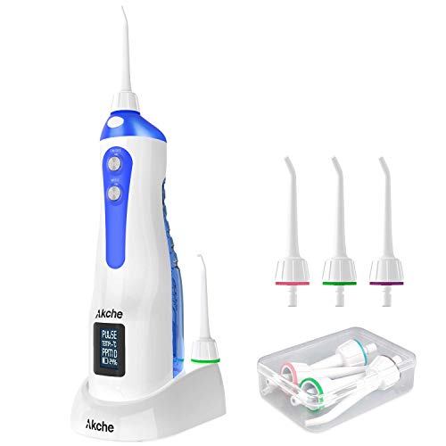 Product Cover Akche Dental Water Flosser,Rechargeable Cordless Oral Irrigator with Wireless Quick Charge Station,IPX7 Waterproof,with OLED Screen Display (Displays Water Temperature/PPM Value),3-Mode Portable 200ML