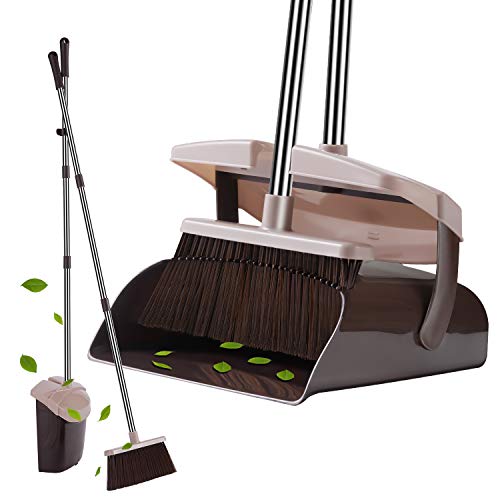 Product Cover YaYbYc Broom and Dustpan Set with Lid Super Long Handle Lobby Broom with Dust Pan Teeth for Self-Cleaning Home Kitchen Office Garage Barber Shop Indoor Outdoor Use and Upright Dustpan Broom Set