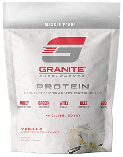 Product Cover Protein Powder by Granite | 30 Servings of Complete Spectrum Protein to Build Lean Muscle | 5 Protein Sources: Whey Concentrate, Micellar Casein, Isolate, Grass Fed Beef, Egg White | 2lb (Vanilla)