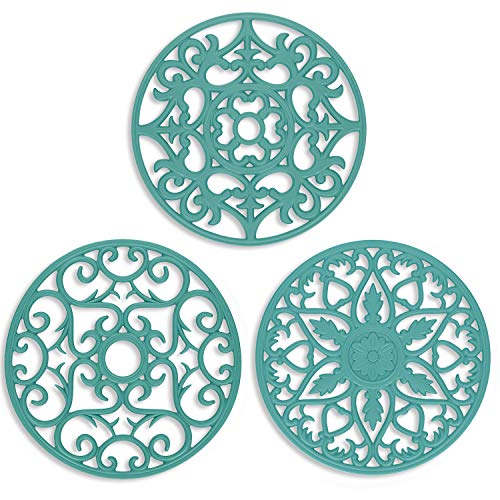 Product Cover ME.FAN 3 Set Silicone Multi-Use Intricately Carved Trivet Mat - Insulated Flexible Durable Non Slip Coasters (Teal Blue)