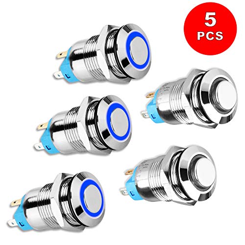Product Cover Linkstyle 5Pcs 12V 24V 12mm ON/OFF Latching Push Button Switch with High Round Cap and Blue Indicator Light, Waterproof Pushbutton Switch SPDT Self-locking Marine Switch for 12mm 1/2