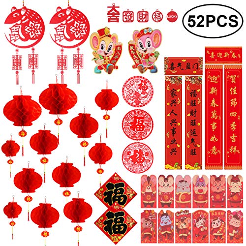 Product Cover Chinese New Year Decoration - Chinese Couplets Chunlian Paper Red Lantern Red Envelopes Hong Bao Chinese Fu Character Paper Window - Spring Festival Party Decor [52 pieces]