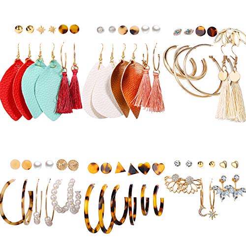 Product Cover 36 Pairs Fashion Earrings Set for Women Girls Bohemian Tassel Dangle Earrings Hoop Drop Leopard Acrylic Round Leather Leaf Earrings for Christmas Valentine Birthday Party Gifts 