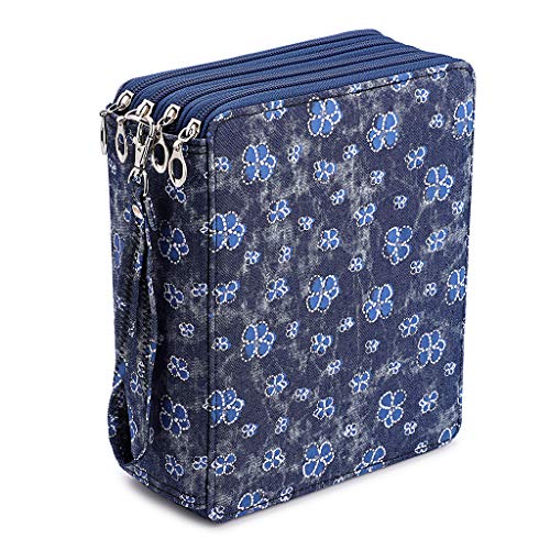 Product Cover BTSKY Colored Pencil Case- 160 Slots Pencil Holder Pen Bag Large Capacity Pencil Organizer with Handle Strap Handy Colored Pencil Box with Printing Pattern Blue Flower