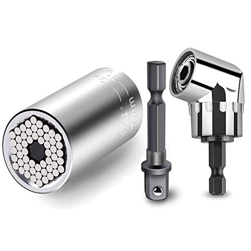 Product Cover Universal Socket, 7mm-19mm Ratchet Hand Tool Kit Magic Spanner Grip 1/4-3/4 Inch Screwdriver Universal Socket Set with Right Angle Drill Adapter, Multifunctional Professional Repair Tool