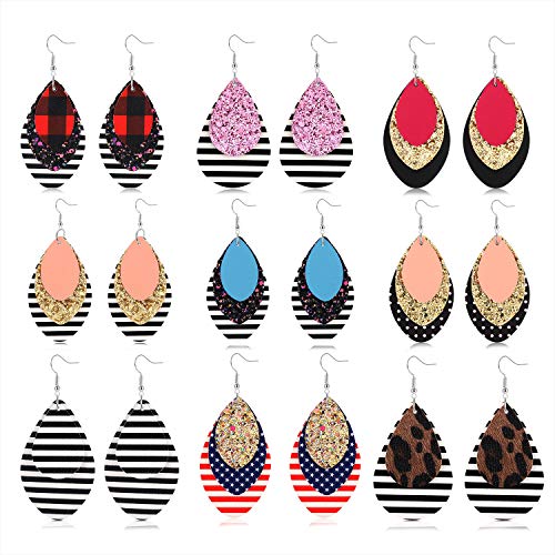 Product Cover Vogueknock 9 Pairs Leather Earrings for Women Multi Layer Sequined Faux Leather Earrings Lightweight Plaid Leopard Stripe Leaf Drop Earrings